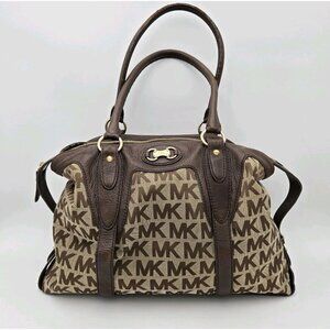 Michael Kors Logo Monogram Brown Tan Leather Gold Shoulder Bag 17 X‎ 11 X 7 EUC